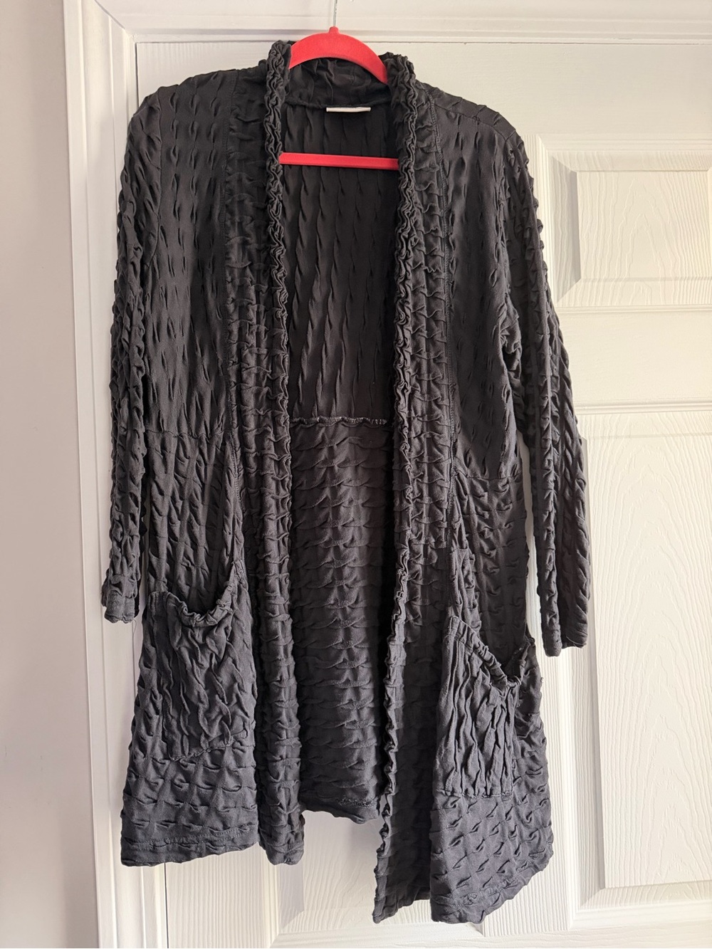 Women's Gray Textured Open-Front Cardigan with Pockets